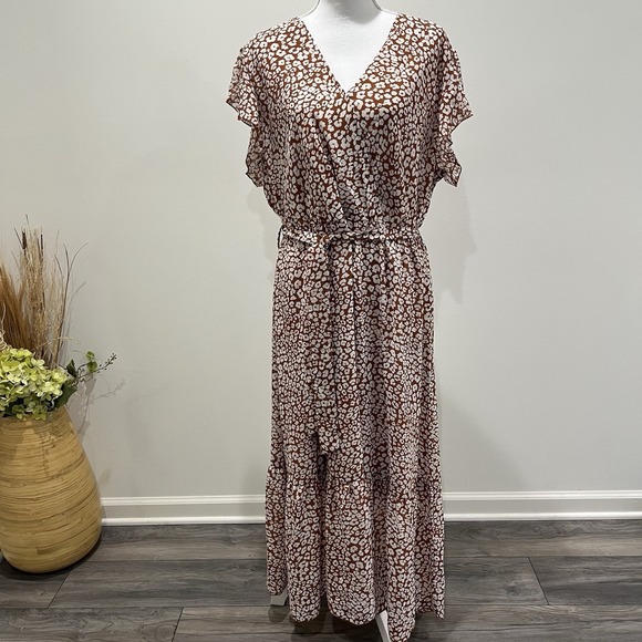 pretty garden Dresses & Skirts - Pretty‎ Garden Womens Maxi Dress XXL Flutter Sleeve Leopard Brown Belted Dainty